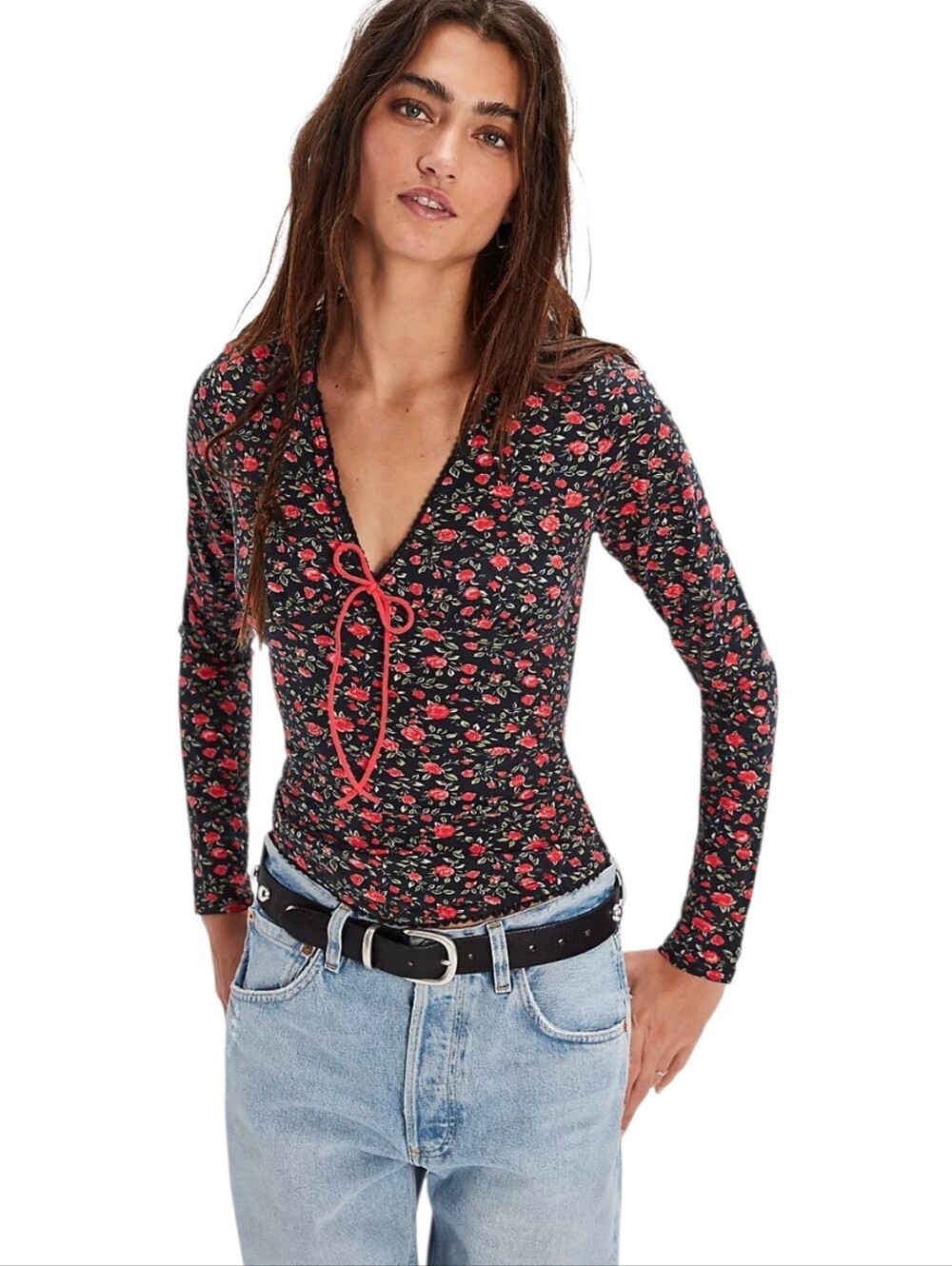 Free People Abundance Top Black Red Floral Tie Front Coquette Baby Tee XS NWOT